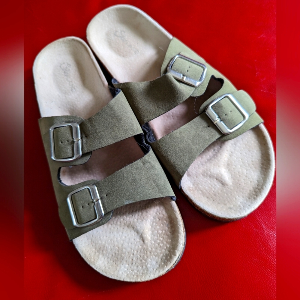 Women's size 42 forest green Shoeland open toe buckled cork slide